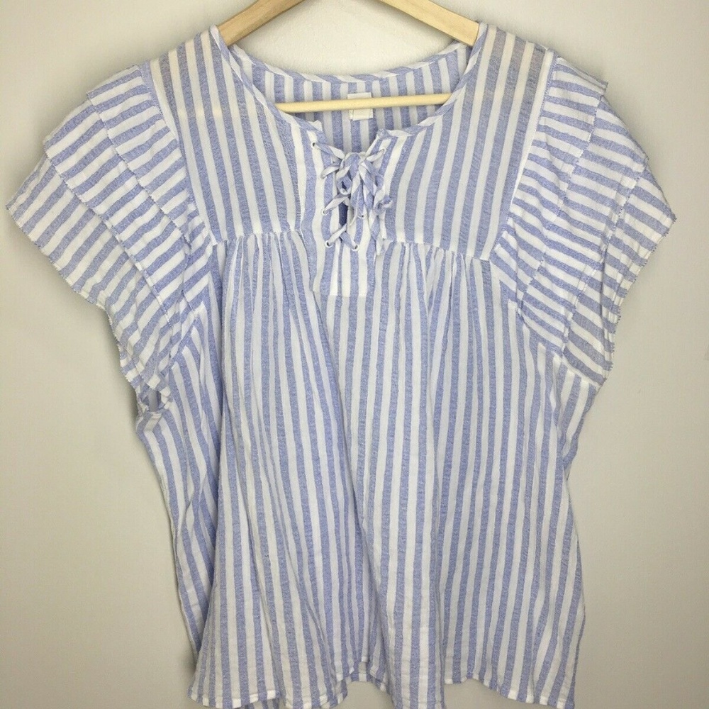 Gap Blue White Top Short Sleeve Blouse Ruffle XL